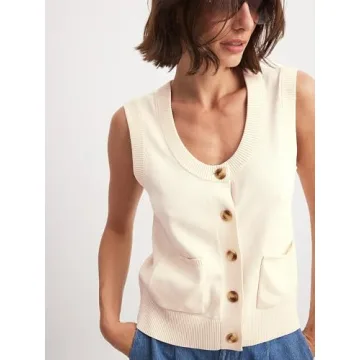 Beautiful Nomad Women's Knit Sweater Vest Sleeveless Tank Tops Casual Y2K Button Down Cardigan Vest Shirts Beige
