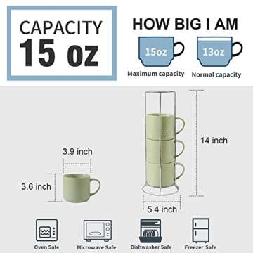 Hasense Coffee Mugs Set with rack, 15 Ounce Porcelain Stackable Large Coffee Cups Set of 4 with handle for Drinks Like Tea, Cappuccino, Milk, Mocha and Cereal, Microwave & Dishwasher Safe, Green