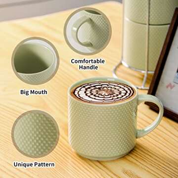 Hasense Coffee Mugs Set with rack, 15 Ounce Porcelain Stackable Large Coffee Cups Set of 4 with handle for Drinks Like Tea, Cappuccino, Milk, Mocha and Cereal, Microwave & Dishwasher Safe, Green