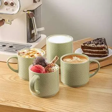 Hasense Coffee Mugs Set with rack, 15 Ounce Porcelain Stackable Large Coffee Cups Set of 4 with handle for Drinks Like Tea, Cappuccino, Milk, Mocha and Cereal, Microwave & Dishwasher Safe, Green