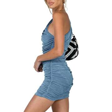 LYANER Women's Sexy One Shoulder Ruched Sleeveless Bodycon Mini Short Dress Grey Blue Small