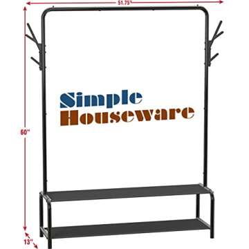 Simple Houseware Garment Rack with Storage Shelves and Coat/Hat Hanging Hooks