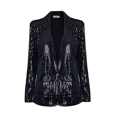 Anna-Kaci Women's Evening Sparkle Sequins Open Front Long Sleeve Blazer Jacket,Black,Large