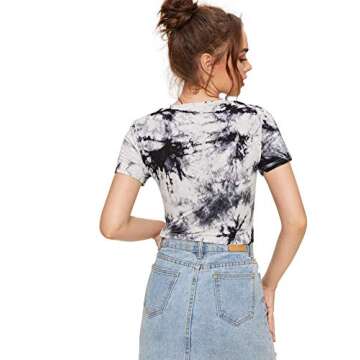 Floerns Women's Short Sleeve Tie Dye Twist Front Summer Crop Tops Tee T Shirts Black White M