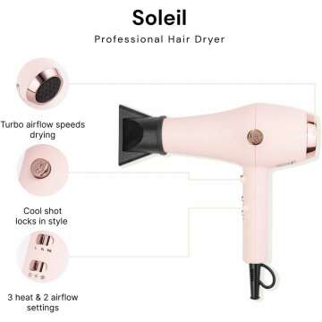 L'ANGE HAIR Soleil Professional Hair Dryer | 3 Heat Settings & 2 Airflow Settings | Cool Shot Locks-in Style | Professional Length Cord | Best Lightweight Hair for Smooth Blowouts (Blush)