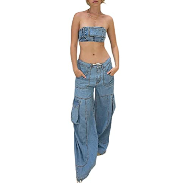 Women Sexy Denim Two Piece Outfits Fashion Bandeau Top High Waist Loose Cargo Jeans Jumpsuit,Blue,S