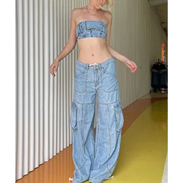 Y2K Denim Set Women Bandeau Top Cargo Jeans Outfit