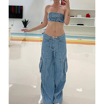 Y2K Denim Set Women Bandeau Top Cargo Jeans Outfit