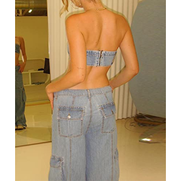 Y2K Denim Set Women Bandeau Top Cargo Jeans Outfit