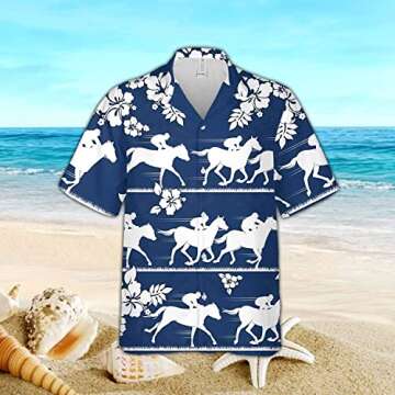 Horse Racing Hawaiians Shirts for Men Tropical Hibiscus Men's Casual Button Down Short Sleeve Unisex...