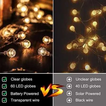 Metaku Globe String Lights Fairy Battery Operated 26ft 60LED with Remote Waterproof Indoor Outdoor Hanging Decorative Christmas for Home Party Patio Garden Wedding