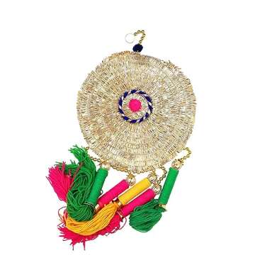 Colorful Round Wall Door Hanging Jute Ring Chakri Wooden MDF Toran with Multicolor Tassle for Home Office Party Festive Rajasthani for Indian Christmas Decoration New Year Gift(Multicolor)(Size:-28")