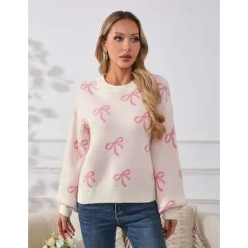 Libsorge Womens Oversized Cute Heart Bow Valentines Day Sweater Spring Winter 2025 Trendy Ladies Dressy Casual Lightweight Ribbed Knit Crewneck Long Sleeve Pullover Knitted Tops L Pink S