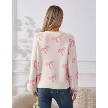 Libsorge Womens Oversized Cute Heart Bow Valentines Day Sweater Spring Winter 2025 Trendy Ladies Dressy Casual Lightweight Ribbed Knit Crewneck Long Sleeve Pullover Knitted Tops L Pink S