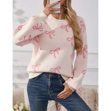 Libsorge Womens Oversized Cute Heart Bow Valentines Day Sweater Spring Winter 2025 Trendy Ladies Dressy Casual Lightweight Ribbed Knit Crewneck Long Sleeve Pullover Knitted Tops L Pink S