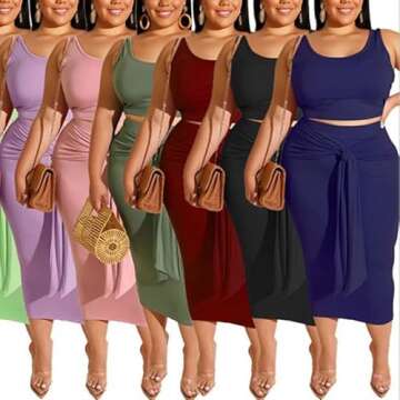 Plus Size 2 Piece Midi Dress Outfits Womens Tops Sleeveless Tank Crop Tracksuit Casual Sexy Summer Bodycon Skirts Set Pink-XL