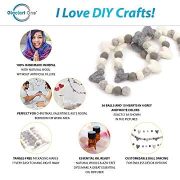 Glaciart One Pom Pom Garland - Wool Felt Ball Garland - 9 Feet, 36 Balls, 10 Hearts, Gray and White Valentines Colors, Pom Pom Decorations, Nursery Decor, Bunting, Birthday Party Decorations, Carnival