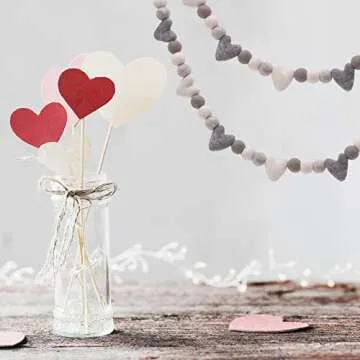 Glaciart One Pom Pom Garland - Wool Felt Ball Garland - 9 Feet, 36 Balls, 10 Hearts, Gray and White Valentines Colors, Pom Pom Decorations, Nursery Decor, Bunting, Birthday Party Decorations, Carnival