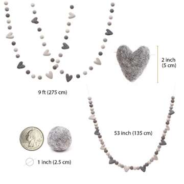 Glaciart One Pom Pom Garland - Wool Felt Ball Garland - 9 Feet, 36 Balls, 10 Hearts, Gray and White Valentines Colors, Pom Pom Decorations, Nursery Decor, Bunting, Birthday Party Decorations, Carnival