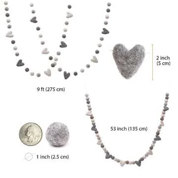 Glaciart One Pom Pom Garland - Wool Felt Ball Garland - 9 Feet, 36 Balls, 10 Hearts, Gray and White Valentines Colors, Pom Pom Decorations, Nursery Decor, Bunting, Birthday Party Decorations, Carnival