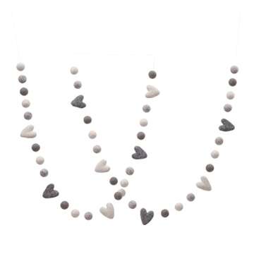 Glaciart One Pom Pom Garland - Wool Felt Ball Garland - 9 Feet, 36 Balls, 10 Hearts, Gray and White Valentines Colors, Pom Pom Decorations, Nursery Decor, Bunting, Birthday Party Decorations, Carnival