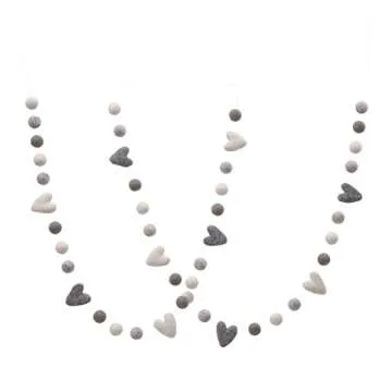 Glaciart One Pom Pom Garland - Wool Felt Ball Garland - 9 Feet, 36 Balls, 10 Hearts, Gray and White Valentines Colors, Pom Pom Decorations, Nursery Decor, Bunting, Birthday Party Decorations, Carnival