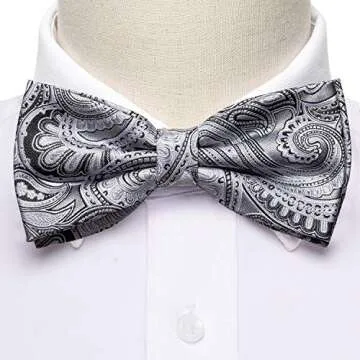 YOHOWA Grey Bow Tie Set Men Paisley Silk Pre-Tied Bowtie Pocket Square Cufflinks Formal Wedding Party Prom