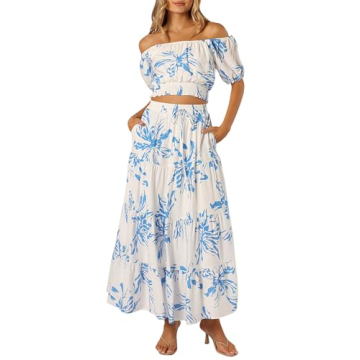 HUUSA Two Piece Outfits for Women Sexy Floral Off Shoulder Crop Top and High Waisted A Line Boho Ski...