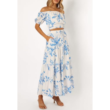 HUUSA Two Piece Outfits for Women Sexy Floral Off Shoulder Crop Top and High Waisted A Line Boho Skirt Dress Set with Pockets Blue Floral S
