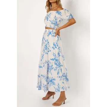 HUUSA Two Piece Outfits for Women Sexy Floral Off Shoulder Crop Top and High Waisted A Line Boho Skirt Dress Set with Pockets Blue Floral S
