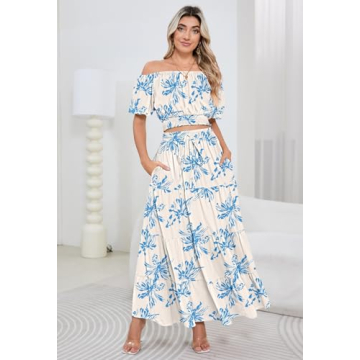 HUUSA Two Piece Outfits for Women Sexy Floral Off Shoulder Crop Top and High Waisted A Line Boho Skirt Dress Set with Pockets Blue Floral S