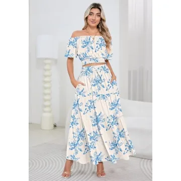 HUUSA Two Piece Outfits for Women Sexy Floral Off Shoulder Crop Top and High Waisted A Line Boho Skirt Dress Set with Pockets Blue Floral S