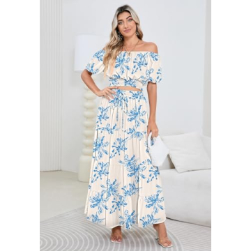 HUUSA Two Piece Outfits for Women Sexy Floral Off Shoulder Crop Top and High Waisted A Line Boho Skirt Dress Set with Pockets Blue Floral S