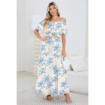 HUUSA Two Piece Outfits for Women Sexy Floral Off Shoulder Crop Top and High Waisted A Line Boho Skirt Dress Set with Pockets Blue Floral S
