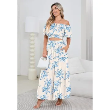 HUUSA Two Piece Outfits for Women Sexy Floral Off Shoulder Crop Top and High Waisted A Line Boho Skirt Dress Set with Pockets Blue Floral S
