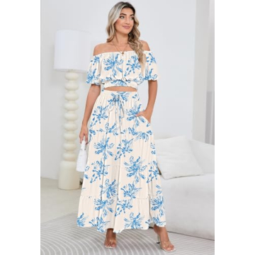 HUUSA Two Piece Outfits for Women Sexy Floral Off Shoulder Crop Top and High Waisted A Line Boho Skirt Dress Set with Pockets Blue Floral S