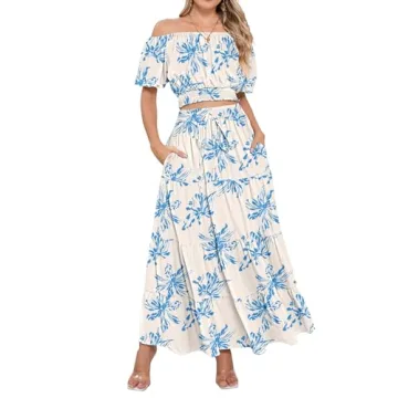 HUUSA Two Piece Outfits for Women Sexy Floral Off Shoulder Crop Top and High Waisted A Line Boho Skirt Dress Set with Pockets Blue Floral S