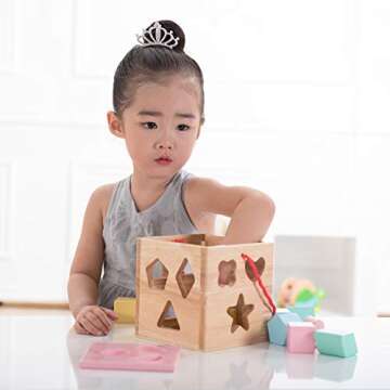 Babe Rock Shape Color Sorter Toddler Toy - Wooden Toddler Toy Color Recognition Shape Sorting Cube Lid for Toddlers Learning Sort and Match Toys for 3 Years Old Boys Girls