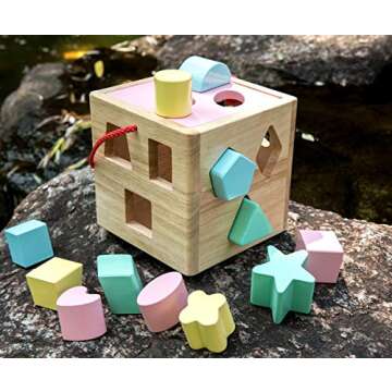 Babe Rock Shape Color Sorter Toddler Toy - Wooden Toddler Toy Color Recognition Shape Sorting Cube Lid for Toddlers Learning Sort and Match Toys for 3 Years Old Boys Girls