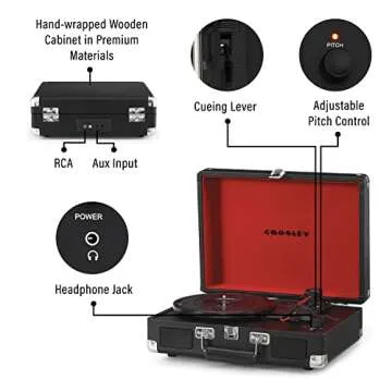 Crosley CR8005F-BK Cruiser Plus Vintage 3-Speed Bluetooth in/Out Suitcase Vinyl Record Player Turntable, Black/Red