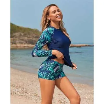 Daci Women Blue Leaves Long Sleeve Swimsuit UPF 50+