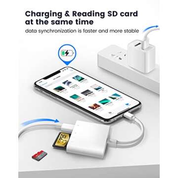 SD Card Reader for iPhone iPad, 4 in 1 Micro SD/SD Card Reader to iPhone Adapter, SD Card Viewer with TF/SD Dual Slot, Portable Camera Memory Card Reader for iPhone with Charging Port, Plug and Play