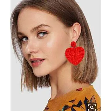 XOCARTIGE Bead Drop Earrings Seed Bead Heart Earrings Bohemia Beaded Dangle Earrings for Valentines ...