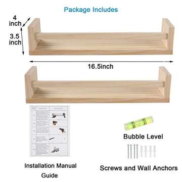 JORIKCHUO Nursery Floating Book Shelves for Kids Room, Kitchen Spice Rack, or Rustic Wall Mounted Shelves for Farmhouse Bathroom Decor (Natural Wood),Set of 2