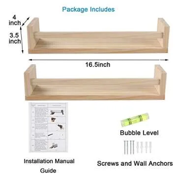 JORIKCHUO Nursery Floating Book Shelves for Kids Room, Kitchen Spice Rack, or Rustic Wall Mounted Shelves for Farmhouse Bathroom Decor (Natural Wood),Set of 2