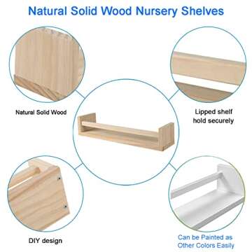 JORIKCHUO Nursery Floating Book Shelves for Kids Room, Kitchen Spice Rack, or Rustic Wall Mounted Shelves for Farmhouse Bathroom Decor (Natural Wood),Set of 2