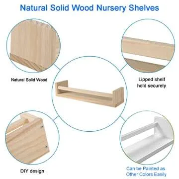 JORIKCHUO Nursery Floating Book Shelves for Kids Room, Kitchen Spice Rack, or Rustic Wall Mounted Shelves for Farmhouse Bathroom Decor (Natural Wood),Set of 2
