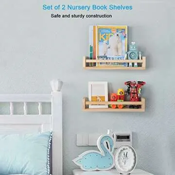 JORIKCHUO Nursery Floating Book Shelves for Kids Room, Kitchen Spice Rack, or Rustic Wall Mounted Shelves for Farmhouse Bathroom Decor (Natural Wood),Set of 2