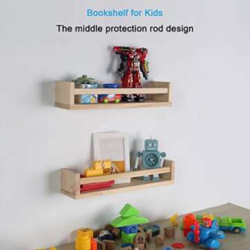 JORIKCHUO Nursery Floating Book Shelves for Kids Room, Kitchen Spice Rack, or Rustic Wall Mounted Shelves for Farmhouse Bathroom Decor (Natural Wood),Set of 2