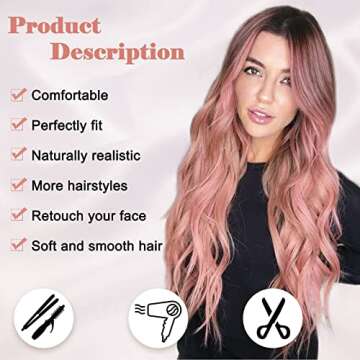 NAYOO Long Ombre Pink Wavy Wig for Women 26 Inch Middle Part Curly Wavy Wig Natural Looking Syntheti...